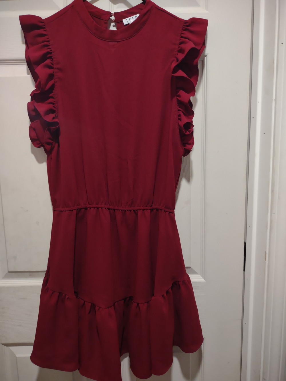 TCEC Ruffle Sleeve Dress in Deep Wine Red